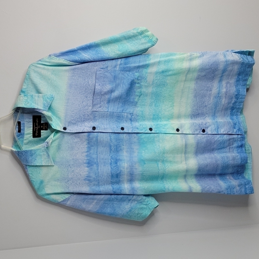Pete Huntington Blue Gradient Tropical Grass Button Down Shirt size Medium Men's